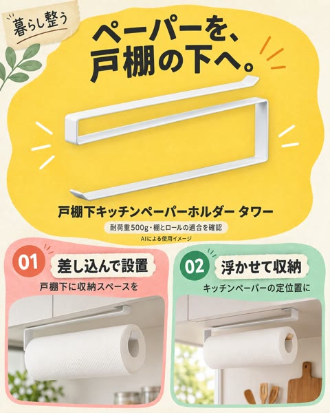 戸棚下キッチンペーパーホルダー タワー ホワイト（7115）の紹介イメージ