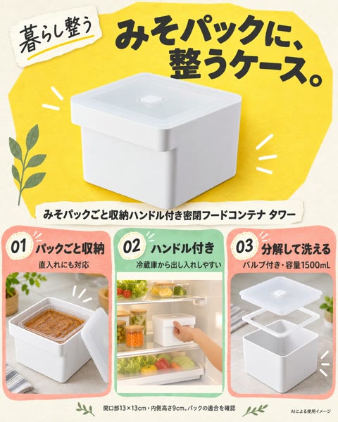 みそパックごと収納ハンドル付き密閉フードコンテナ タワー ホワイト（7737）の紹介イメージ