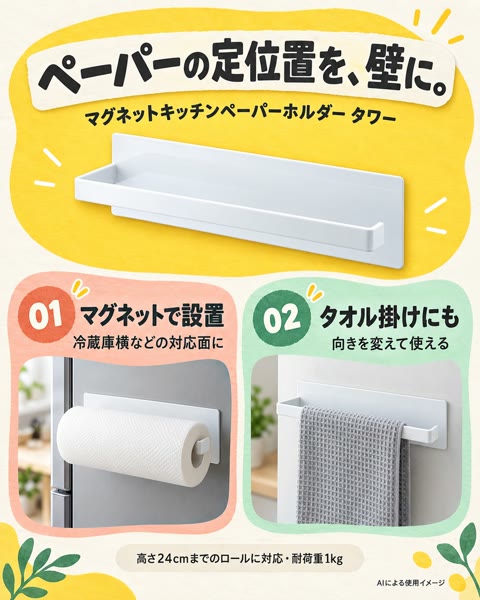 マグネットキッチンペーパーホルダー タワー ホワイト（7127）の紹介イメージ